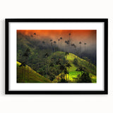 Extra large abstract art print depicting a colorful, textured scenery of South America, framed in black.