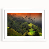 Abstract art print of a Colombian landscape in muted earth tones on a framed white canvas, ideal for dining room decor.