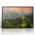 Large abstract wall art depicting a Colombian landscape in muted earth tones, framed in black acrylic.