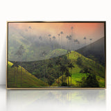 Large art print of a Colombian landscape in mid-century modernist style, with muted earth tones on framed acrylic.