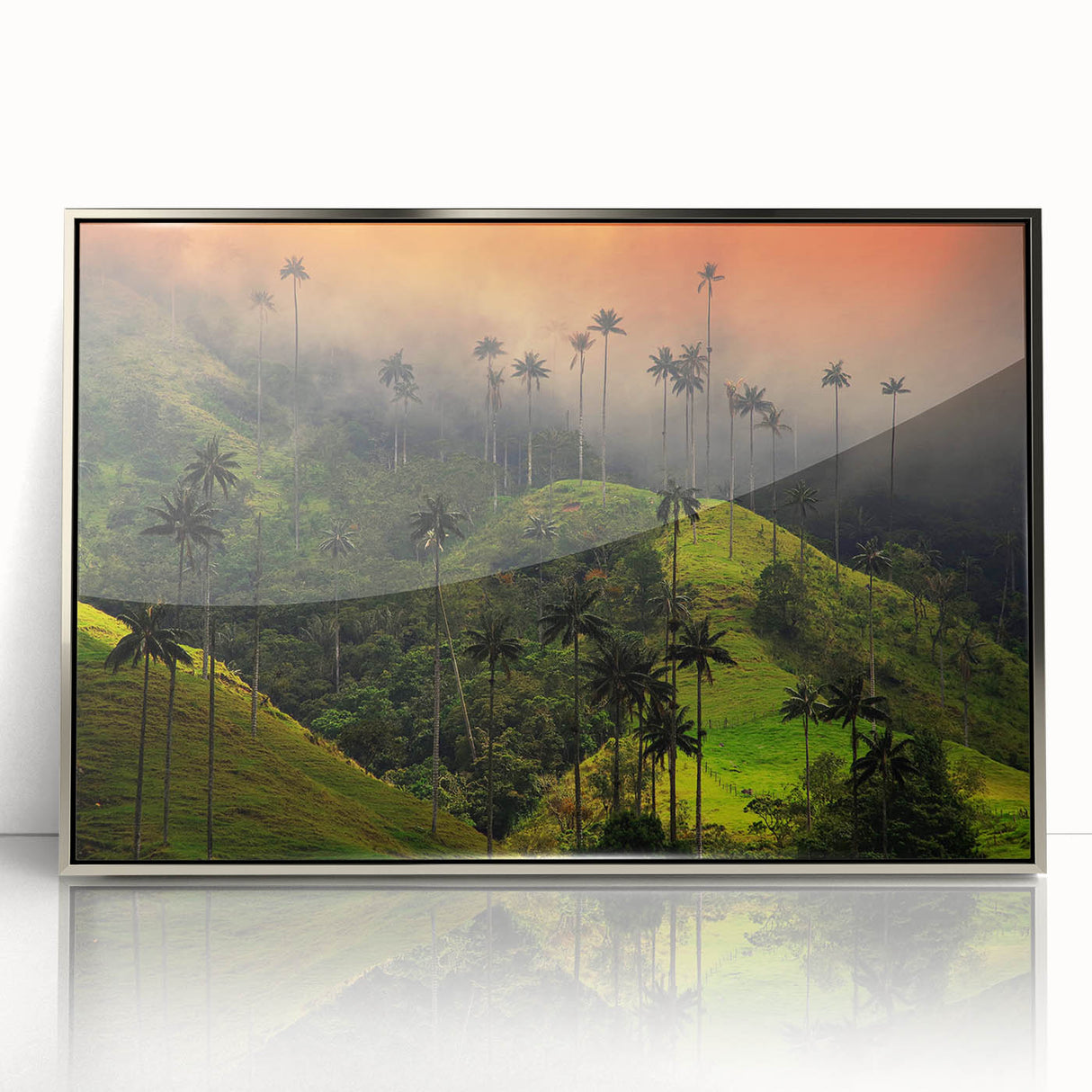 Mid-century modernist art depicting a serene Colombian landscape in soft earth tones, framed in silver acrylic.