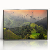 Mid-century modernist art depicting a serene Colombian landscape in soft earth tones, framed in silver acrylic.