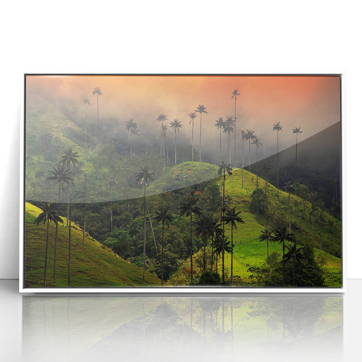 Art deco poster featuring a vibrant Colombian landscape, in acrylic frame, ideal for modern nursery wall decor.