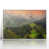 Art deco poster featuring a vibrant Colombian landscape, in acrylic frame, ideal for modern nursery wall decor.