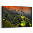Black and white framed canvas of a vintage Colombian landscape, ideal for bedroom wall art.