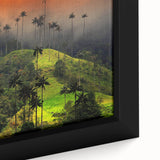 Black wall art featuring a textured depiction of a Colombian landscape on a framed canvas, with vibrant, colorful accents.