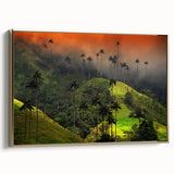 Framed canvas featuring a vintage-style landscape painting of a Colombian scenery in muted gold and black tones.