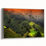 Framed canvas landscape art painting of a Colombian village with vibrant, colorful art and black accents.