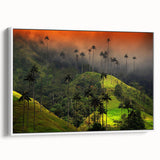 Vintage poster art of a Colombian landscape on framed canvas, featuring vibrant colors, ideal for living room decor.