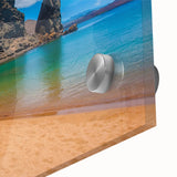 Large abstract wall art of Galapagos scenery in mid-century modernist style on acrylic, ideal for dining room art.