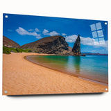 Acrylic print of a serene Galapagos landscape, featuring soft blue and green tones, ideal for bedroom or dining room decor.