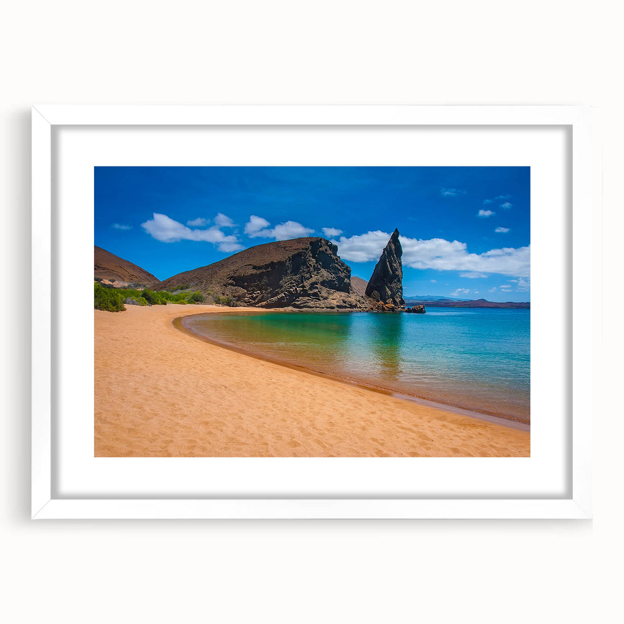 Abstract art print of Galapagos scenery in muted earth tones on a white framed mat, suitable for dining room decor.