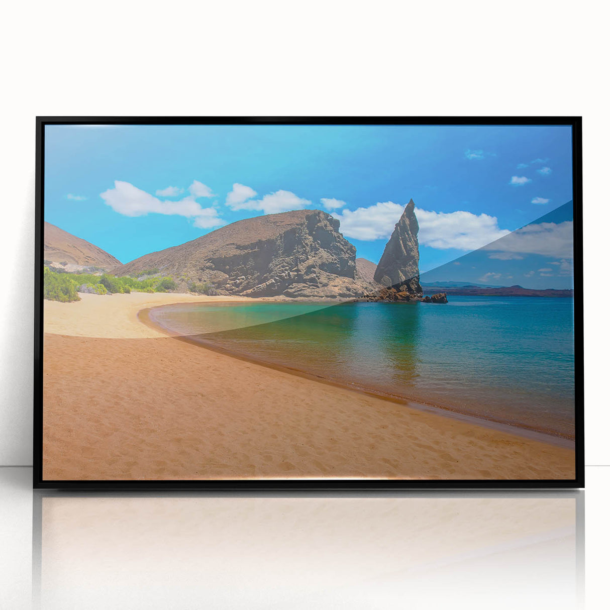 Large abstract wall art depicting Galapagos scenery in vivid blues and greens on a black framed acrylic.