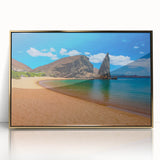 Mid-century modernist style acrylic print of Galapagos scenery, in muted earth tones, ideal for nursery wall art.