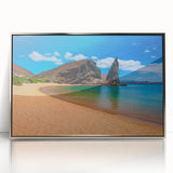 Mid-century modernist art depicting the Galapagos scenery in acrylic, with silver frame, ideal for nursery wall art.