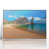 Art Deco poster of Galapagos scenery in muted green and blue tones on white framed acrylic.