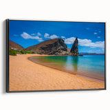 Black and white framed canvas of a Galapagos landscape in vintage poster style, ideal for bedroom wall art.