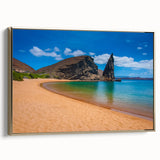 Framed canvas depicting a vintage-style landscape of the Galápagos with muted earth tones, ideal for bedroom wall art.