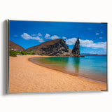 Framed canvas landscape art painting depicting the Galapagos Islands with vibrant blue and green tones.