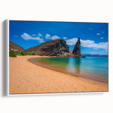 Vintage poster art of Galapagos scenery on a framed canvas, featuring vibrant colors, ideal for living room decor.