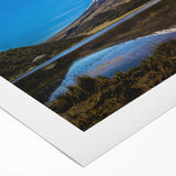 Art deco poster of Ecuadorian landscape on rolled canvas, with muted earth tones, suited for dining room wall art.