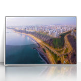 Acrylic print of a serene Peruvian landscape in muted earth tones, framed in white, ideal for modern art wall decor.