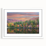 Abstract art print of Alabama scenery in muted earth tones on a white framed canvas, ideal for dining room decor.