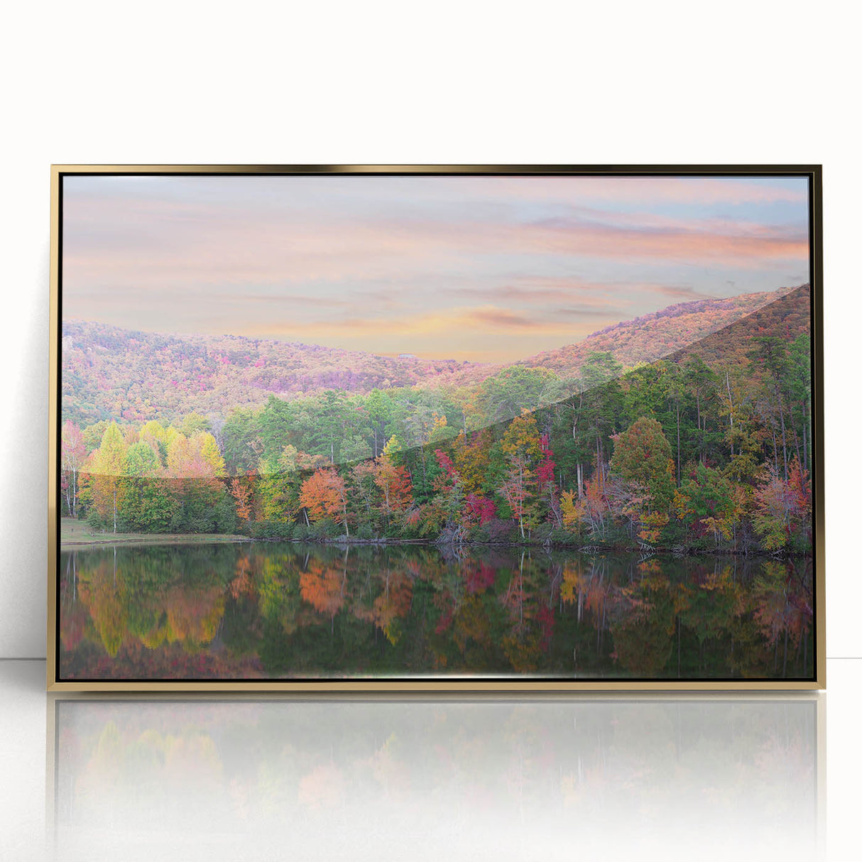 Large art print of Alabama scenery in mid-century modernist style, framed in acrylic with gold tones.