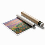 Large rolled print of a serene Alabama landscape with soft floral elements, in muted greens and blues.