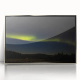 Large art print of Denali, Alaska in mid-century modernist style, featuring muted earth tones on a silver-framed acrylic.