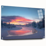 Large abstract depiction of an Alaska scenery on acrylic glass, featuring cool blue and white tones.