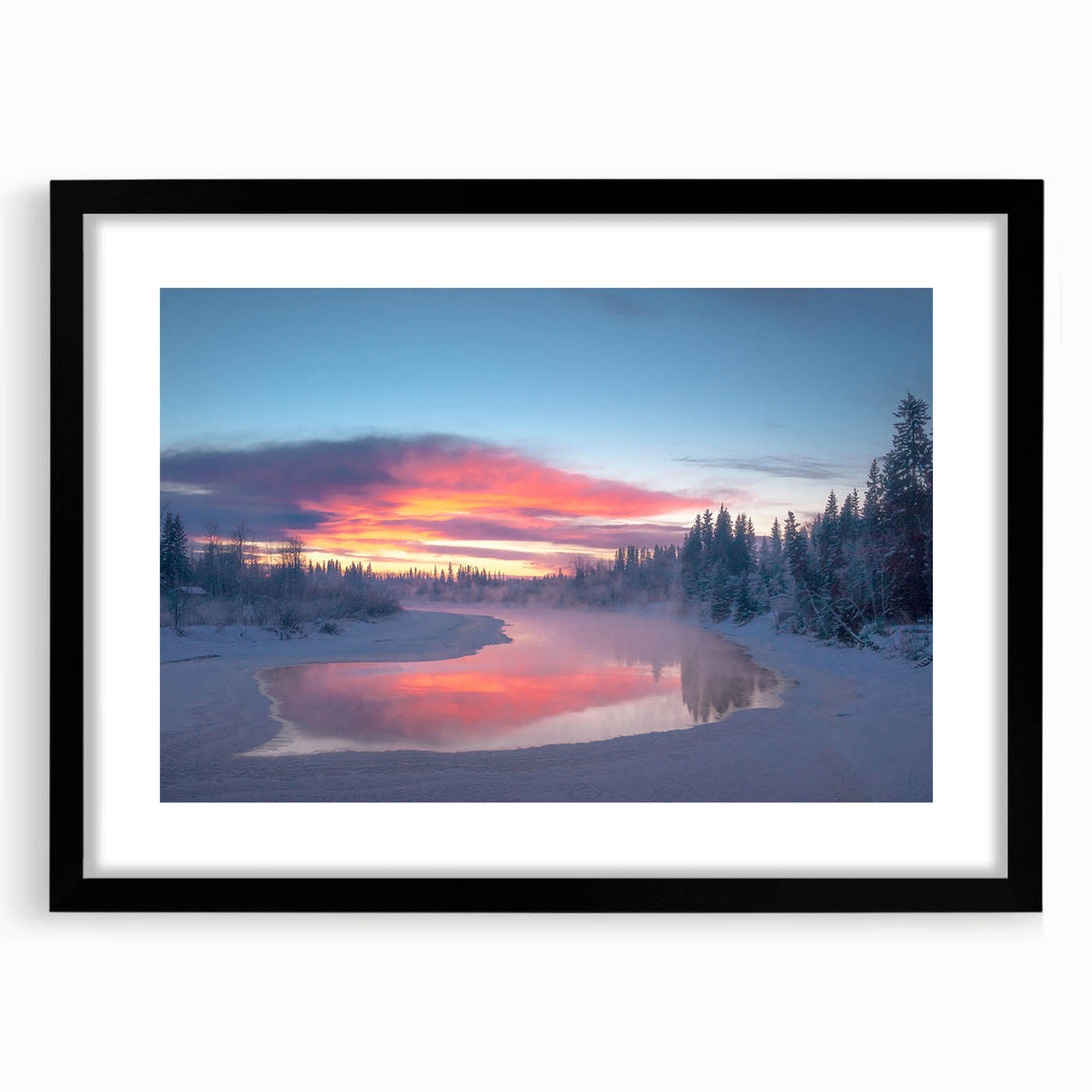 Abstract art print of Alaska scenery in vibrant, colorful hues on a large framed canvas, ideal for living room decor.