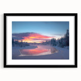 Abstract art print of Alaska scenery in vibrant, colorful hues on a large framed canvas, ideal for living room decor.