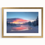 Extra large wall art featuring an abstract depiction of Alaska's scenery in textured gold and blue tones, framed with a mat.