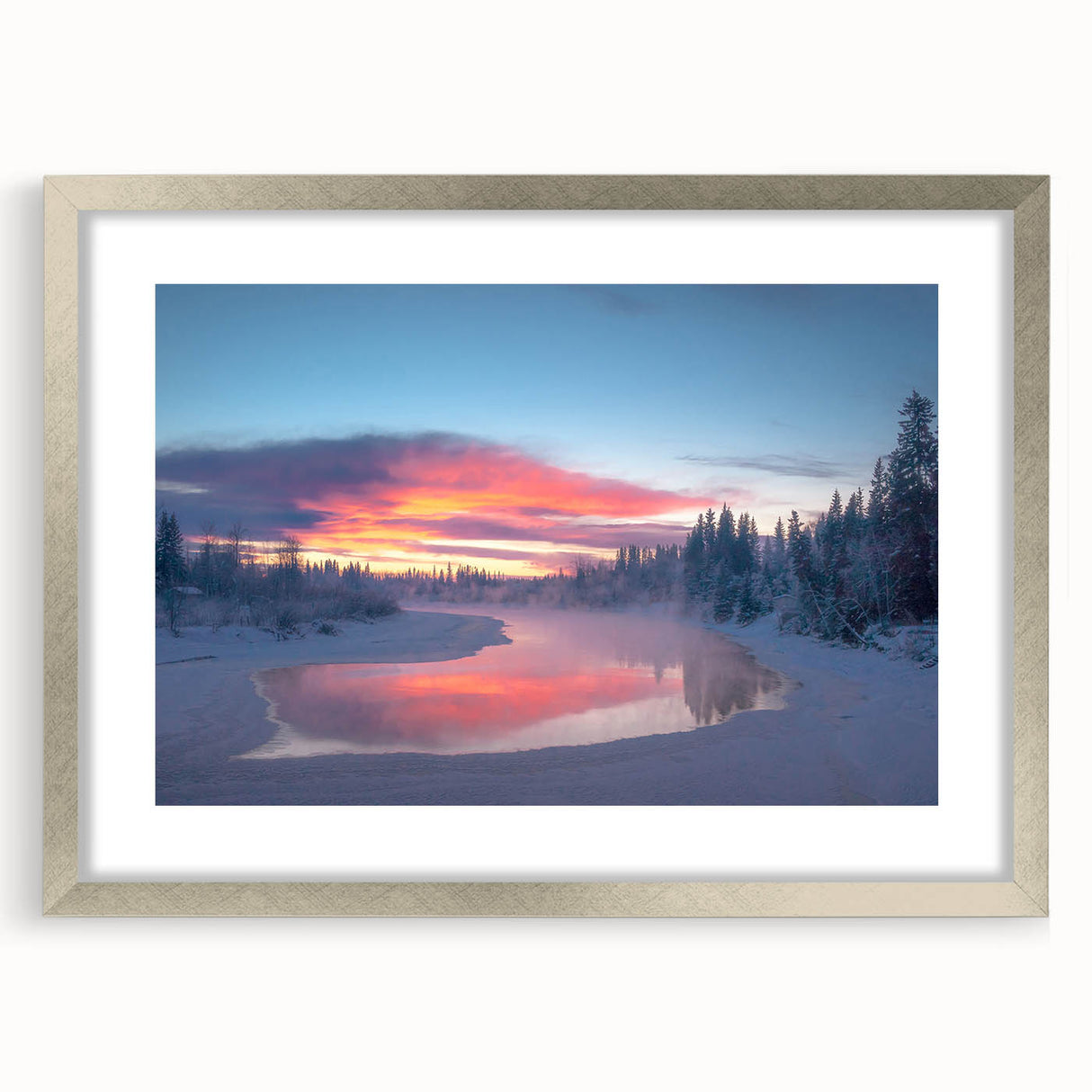 Textured abstract art print of Alaska scenery in muted earth tones, framed in silver, ideal for bedroom art.