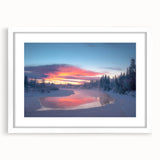 Abstract art print depicting a serene Alaskan landscape in muted gray and blue tones, framed in white.