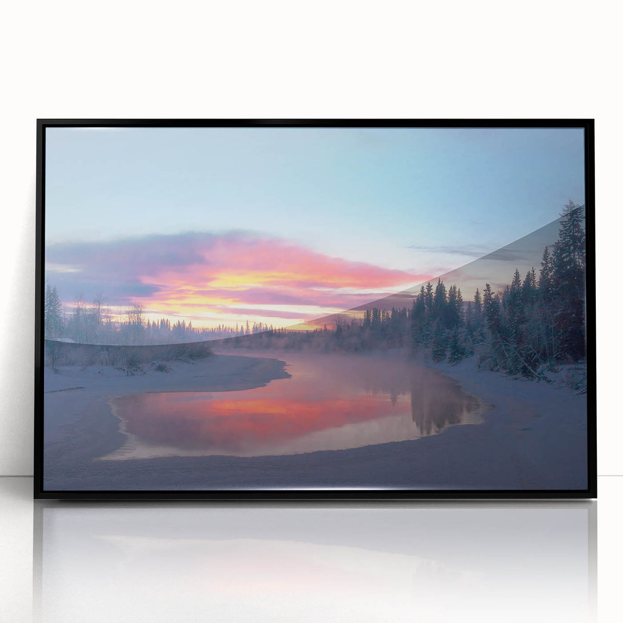 Large abstract wall art depicting a serene Alaskan landscape in cool blue and gray tones on a framed acrylic panel.