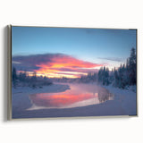 Framed canvas depicting a vintage-style Alaskan landscape with muted blues and grays, ideal for office or study decor.
