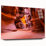 Abstract depiction of Antelope Canyon in Arizona on acrylic glass, featuring earthy red and orange tones.