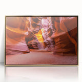 Large art print of Antelope Canyon in Arizona on framed acrylic, featuring warm earth tones, ideal for modern art wall decor.