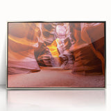 Mid-century modernist art of Antelope Canyon in Arizona on a silver-framed acrylic print.