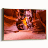 Framed canvas depicting Arizona's Antelope Canyon in muted earth tones, ideal for bedroom wall art.