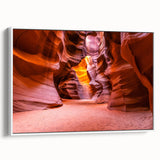 Vintage poster art of Antelope Canyon in vibrant orange and red tones on a large framed canvas, ideal for living room decor.