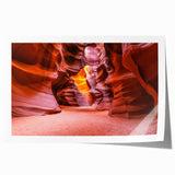 Antelope Canyon in Arizona depicted on a rolled print with vibrant orange and red hues, ideal for dining room wall art.