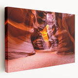 Antelope Canyon landscape on stretched canvas with warm orange and red tones, ideal for kitchen wall art.