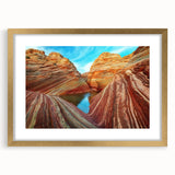 Extra large textured abstract art print of Arizona's Coyote Buttes in a gold frame, ideal for living room decor.