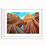 Abstract art print of Arizona's Coyote Buttes in muted earth tones on a white-framed canvas, suitable for dining room decor.