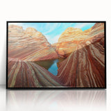 Large abstract wall art of Arizona's Coyote Buttes in muted earth tones on framed acrylic, suitable for a modern living room.