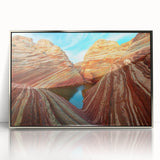 Mid-century modernist art depicting the Coyote Buttes in Arizona, in earthy tones on a framed acrylic print.