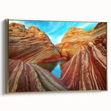 Framed canvas depicting the Coyote Buttes in Arizona, with warm earth tones, ideal for bedroom wall art.